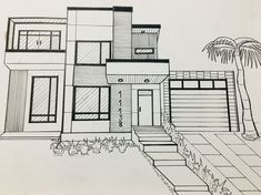 a drawing of a house with stairs leading up to it