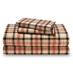 the plaid sheet set is shown in tan, black and white checkerboard pattern