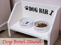 dog bowl stand with two bowls on it