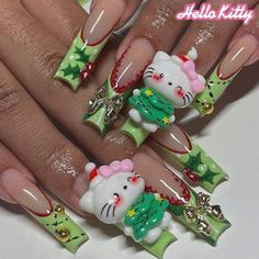 Super Cute And Stylish Ships In 5-10 Business Days Hello Kitty Christmas Nails, Nails Festive, Nails Xmas, Festive Nails, Nails Holiday, December Nails, Green French, Kitty Christmas, Hard Nails