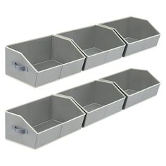 three gray storage bins with handles on each side