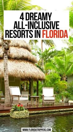 a house with thatched roof next to water and palm trees in the foreground text reads 4 dreamy all - inclusive resort in florida