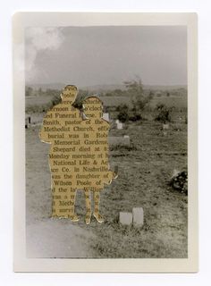 two people standing next to each other in a field with tombstones and trees behind them