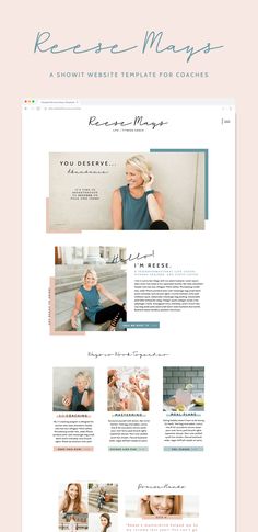 the website design for rose mays is shown in white and blue, with images of women on it