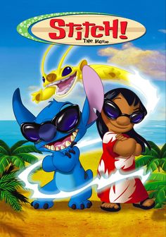 stitch the movie poster with two cartoon characters in front of an ocean and sky background