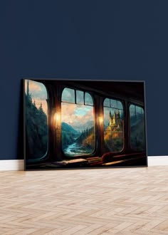 a painting on the wall of a room with a view of a river and castle