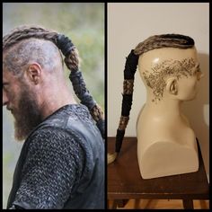 "This hairpiece is made of synthetic braided hair and has leatherlike wraps. The piece measures approximately 23\" from front to end of ponytail and the top is 5.5\" wide( individual pieces WILL vary) Perfect for Larp, cosplay renaissance costume. It's available with a SELF-ADHESIVE silicone pad which sticks to clean dry scalp... or...CLIPS to attach to your hair.   **PLEASE NOTE If your need clips please send photos, front and side of your hairline for a perfect fit. Perspiration may cause  sil Mens Long Undercut Hairstyles, Viking Leather Hair Wrap, Viking Hair Men, Viking Braids Men, Viking Wig, Viking Dreads, Warrior Braid, Warrior Battle, Vikings Svg