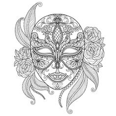 a mask with feathers and roses on it, in black and white coloring book pages