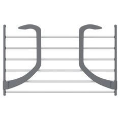 a gray and white rack with two hooks on it's sides, against a white background