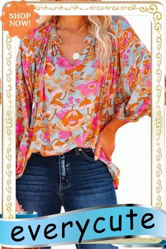 Sky Blue Floral Print Loose Fit Ruched V Neck Blouse Spring Multicolor Print V-neck Blouse, Beach Blouse With Vibrant Print And V-neck, V-neck Beach Blouse With Vibrant Print, Blue Floral Print V-neck Blouse, Stretch V-neck Printed Blouse, Blue Floral Print, Color Pick, V Neck Blouse, Women Tops