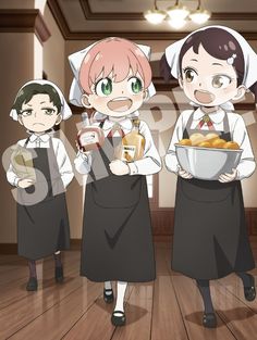 three girls in maid outfits are holding food