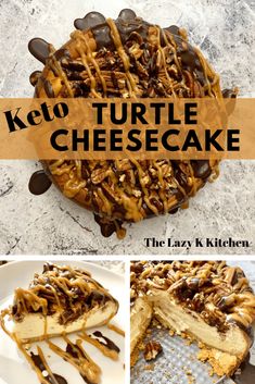 keto turtle cheesecake with caramel drizzle on top