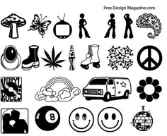 black and white silhouettes of people, cars, flowers, and peace signs with the words free design magazine