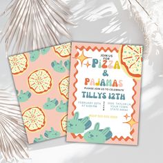 two pizza themed birthday party cards on top of a palm tree with snowflakes in the background