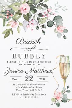 the brunch and bubbly wedding card is shown