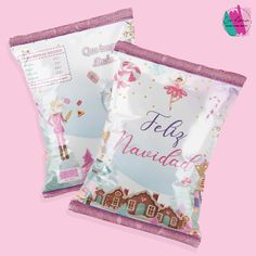 two bags of candy sitting on top of a pink background with the words feli navidad