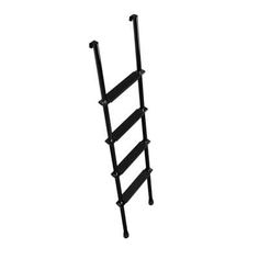 a ladder that is leaning up against the side of a white wall with black rails on it