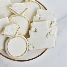 Simple Elegance! - Southern Sugar Bakery Engagement Cookies Simple, Decorated Wedding Cookies Simple, Simple Engagement Cookies, Engagement Party Cookies Simple, White And Gold Engagement Cookies, Bride Cookies, Anniversary Cookies, Bridal Cookies, Wedding Cake Cookies