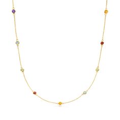 Ross-Simons - .80ct t. w. Multi-Gemstone Station Necklace in 14kt Yellow Gold. 16". RS Pure. Modern designs that complete your outfit and complement your personality. Every layered look needs a pop of color! This dainty necklace features .80 ct. tot. gem wt. garnet, peridot, blue topaz, amethyst and citrine rounds stationed along a rope chain. The delicate 14kt yellow gold necklace is a lively addition to any wardrobe. Includes a 2" extender. Springring clasp, multi-gemstone station necklace. Ga Classic Gold Multi-stone Necklace, Elegant 14k Gold Multi-stone Necklaces, Classic Round Multi-stone Necklaces, Elegant Multi-stone 14k Gold Necklaces, 14k Gold Yellow Gold Necklace With Stones, Elegant 14k Gold Multi-stone Necklace, Elegant Gold Multi-stone Birthstone Necklace, Multi Gemstone Necklace, Amethyst And Citrine