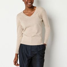 Make your daily style easy when choosing this pullover v-neck women's sweater by Worthington. Cut for a close fit from soft knit, it has long sleeves and ribbed trims. Wear it with everything from jeans to skirts with flats.Closure Type: Pullover HeadFit: Regular FitNeckline: V NeckSleeve Length: Long SleeveSleeve Style: Fitted SleeveApparel Length: 24.5 Inches - Back, 25 Inches - FrontFiber Content: 64% Polyester, 36% ViscoseCare: Machine WashCountry of Origin: Imported Skirts With Flats, Large Sweaters, Small Sweater, Long Sleeve Pullover Sweater, Daily Style, Pullover Sweater Women, Beige Sweater, Soft Knits, Long Sleeve Pullover