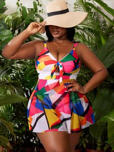 Plus Size Summer Beach Geometric Print Swim Dress Suitable For Vacation, Pool Party Multicolor   Sleeveless Knitted Fabric Colorblock,Geometric,All Over Print  High Stretch  Women Plus Clothing, size features are:Bust: ,Length: ,Sleeve Length: Pool Party Dress, Jamaica Outfits, Braids With Shaved Sides, Swim Dresses, Printed Tankini, Plus Size Swim, Shaved Sides, Tankini Set, Plus Size Summer