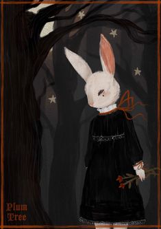 a painting of a white rabbit in a black dress with stars on it's collar