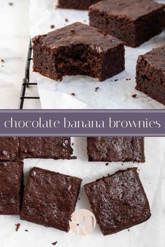 chocolate banana brownies cut into squares and placed on top of parchment paper with text overlay