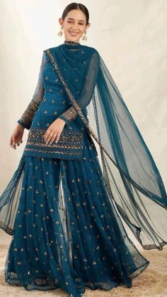 Astha Narang, Gharara Designs, Desi Dress, Kurta Sharara, Desi Wedding Dresses, Blue Organza, Short Kurta, Pakistani Fancy Dresses