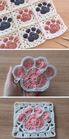 crocheted dog paw dishcloth pattern is shown in three different colors and sizes