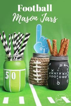 football mason jars filled with pretzels, cheetos and paper straws