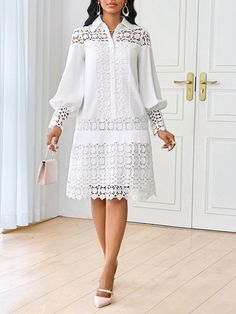 Spring And Summer Casual Elegant Work  White Contrast Lace Shirt Dress Tunic Dress Midi Women Dresses White Elegant  Long Sleeve Knitted Fabric Plain Bodycon Slight Stretch  Women Clothing, size features are:Bust: ,Length: ,Sleeve Length: White Midi Dress With Sleeves, Lace Shirt Dress, Dress Tunic, White Shirt Dress, Dress Midi, Midi Dress With Sleeves, Lace Shirt, White Midi Dress, Sheer Fabrics