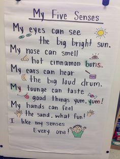 a bulletin board with writing on it that says, my five sensess my eyes can see the big bright sun