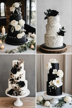 four different types of wedding cakes with flowers on them and candles in the back ground