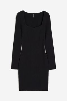 Short  fitted dress in a soft rib knit. Sweetheart neckline  fully fashioned section over bust  and long sleeves. Short Fitted Dress, Target Dress, Knitted Heart, Black Sweater Dress, Fully Fashioned, Neck Bodycon Dress, Maxi Knit Dress, Black Bodycon Dress, Sweetheart Neck