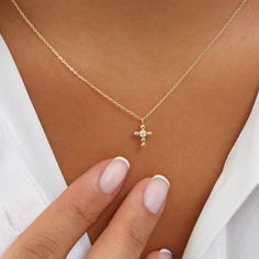 14K Gold Tiny Ball Diamond Cross Necklace – FERKOS FJ Diamond Cross Necklace Gold, Simple Diamonds, Gold Cross Necklace, Diamond Cross, Gold Cross, Cross Pendant, Gold Chains, Round Diamonds, Gold Diamond