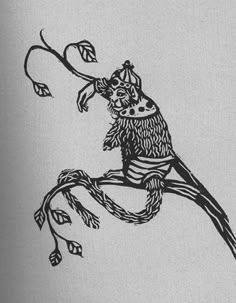 a black and white drawing of a bird on a branch