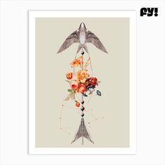 a bird flying over a bunch of flowers on top of a white frame with an arrow