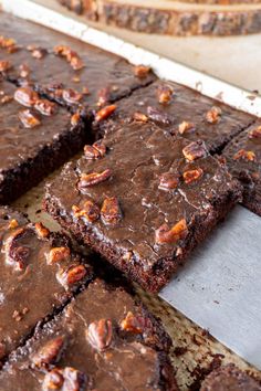 chocolate brownies with pecans on top cut into squares