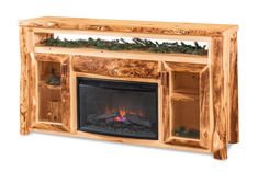 an entertainment center with a fire place and logs on the front, along with shelves