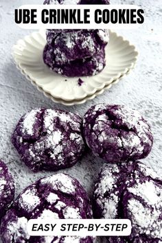 purple crinkle cookies on a white plate with text overlay