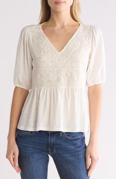 Lucky Brand Embroidered Peplum Top | Nordstromrack Cotton Relaxed Fit V-neck Top For Loungewear, Relaxed Fit Cotton V-neck Top For Loungewear, Cotton V-neck Blouse For Loungewear, Relaxed Fit V-neck Knit Top For Everyday, Summer Cotton V-neck Top With Relaxed Fit, Relaxed Fit Feminine Crew Neck Top, Casual V-neck Top With Relaxed Fit, Relaxed Fit Cotton V-neck Top With Short Sleeves, Casual Cotton V-neck Top For Summer