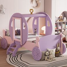 a child's bedroom with a pink and purple carriage bed in the middle, on a rug