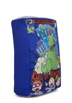 a blue bag with cartoon characters on it