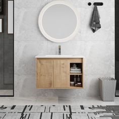 a bathroom with a sink, mirror and towel rack on the wall next to it