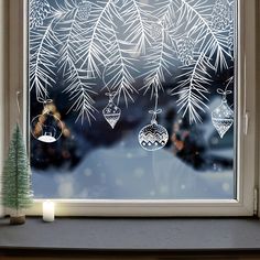 Hand Drawn White Baubles Pine Cone Branches Christmas Window Decal Border Reusable Non Sticky Window Clings by Dizzy Duck - Etsy Window Place, Painted Window Art, Fireplace Windows, Christmas Window Painting, White Baubles, Window Illustration, Faux Tiles, Starry Night Painting, Christmas Window Decorations