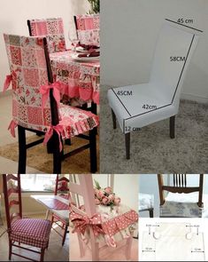 four different chairs with pink and white patterns on them, one has a bow at the back