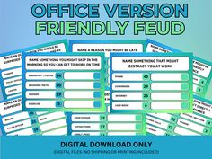 the office version friendly feud game is shown in blue and green