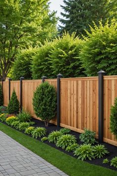 a wooden fence surrounded by lush green trees and plants in the middle of a yard