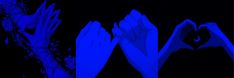 two hands reaching up towards each other in front of blue and black background with trees