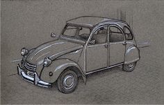 a drawing of an old car with the hood up